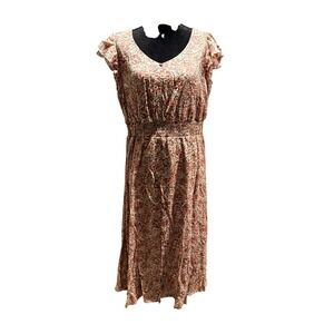 Indigo Rose Floral Midi Dress XL Pink Brown Flutter Sleeve Smocked Waist V-Neck